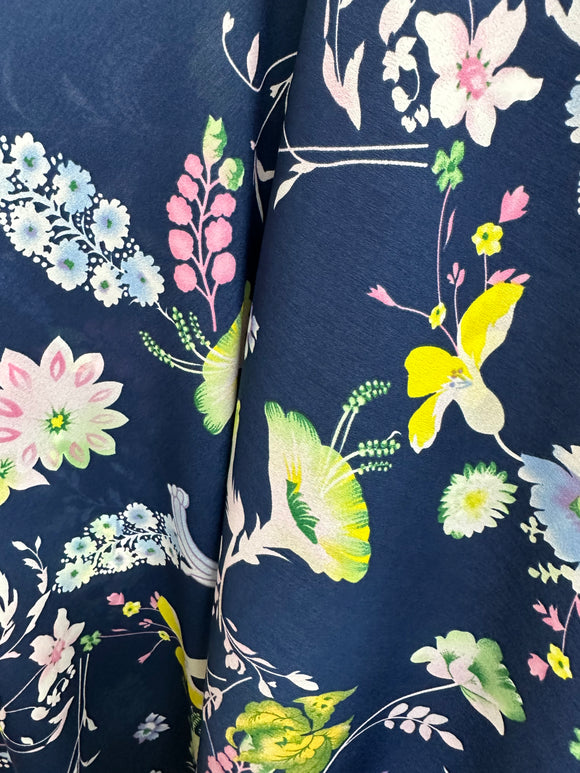 Floral poly crepe, blue, pink, yellow, 100% poly