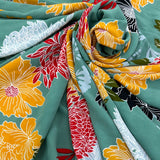 Floral poly crepe, Mint, red, yellow & black, 100% poly