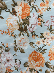 Mint & Orange Floral Jersey Knit, 100% Cotton, 165cm wide