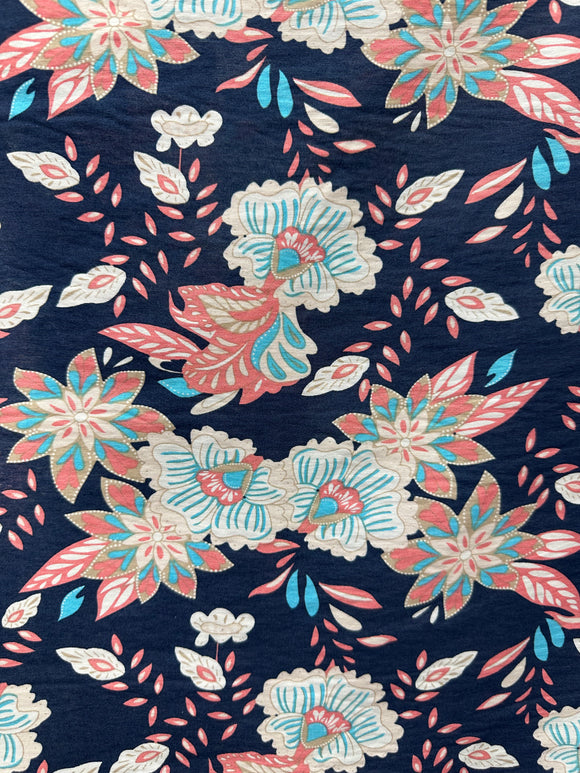 French Blue & Coral flower Viscose/Rayon, 140cm wide