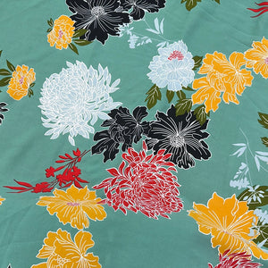 Floral poly crepe, Mint, red, yellow & black, 100% poly