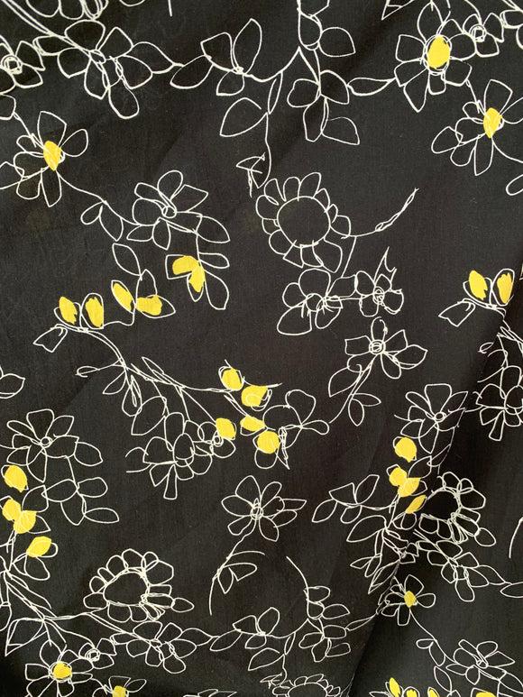 Cotton - Black, White & Gold flowers;150cm wide